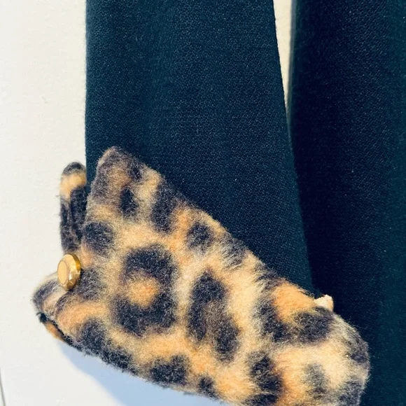 Vintage Black Wool Dress with Leopard Print Cuffs and Brass Buttons - Picture 3 of 3